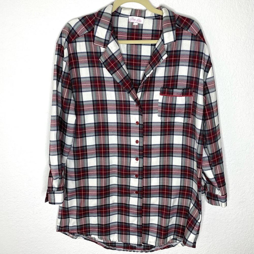 Pink Lily Red and White Plaid Tunic Button Down Shirt Christmas Holiday Pajamas